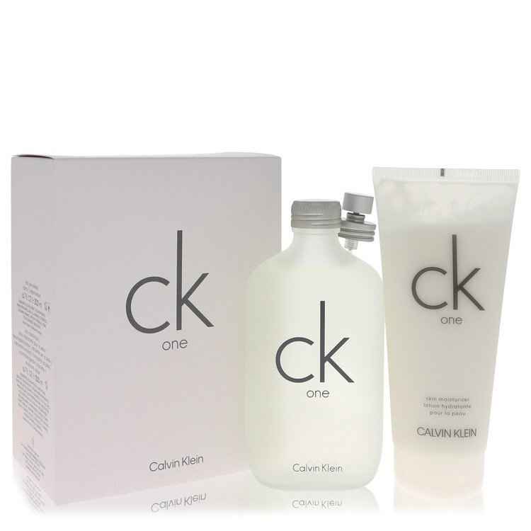 Calvin Klein CK One gift set for men, including fragrance bottle and accompanying grooming products, displayed on a clean surface.