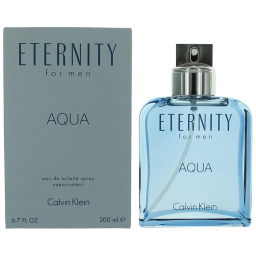Calvin Klein Eternity Aqua men's Eau De Toilette spray, 6.7 oz bottle, with sleek packaging and blue accents.