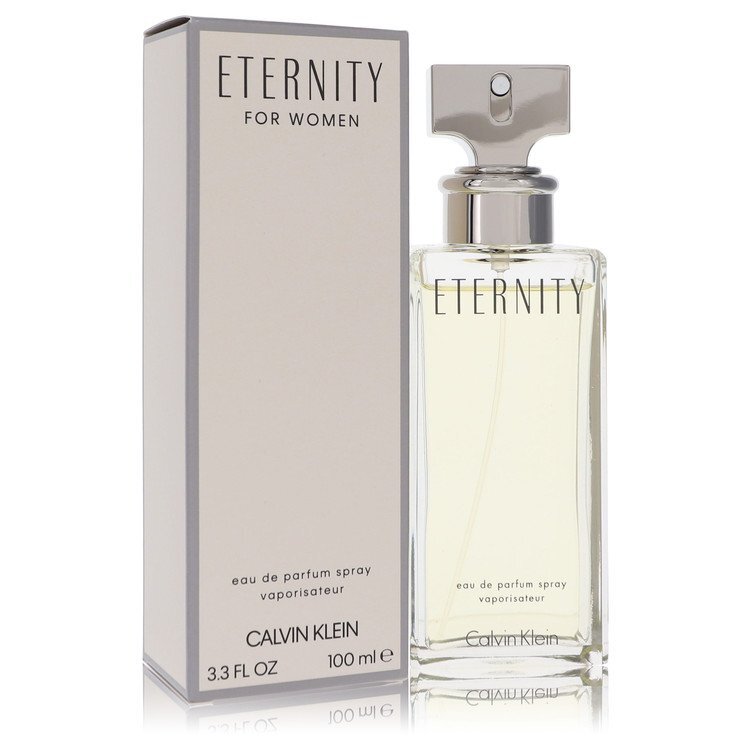 Eternity by Calvin Klein Eau De Parfum Spray 3.3 oz bottle with elegant design and floral fragrance for women.