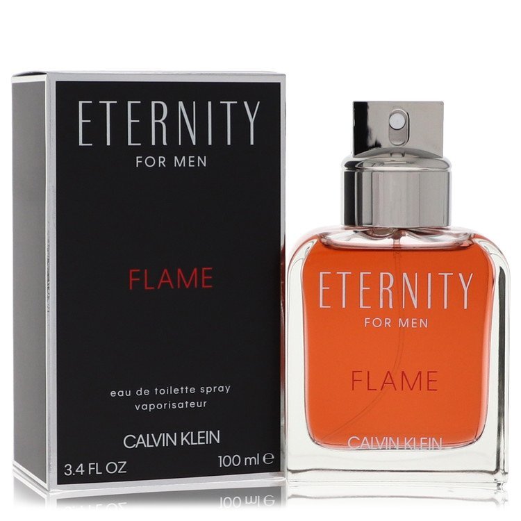 Calvin Klein Eternity Flame Eau de Toilette spray for men, 3.4 oz bottle with sleek design and Calvin Klein branding visible.