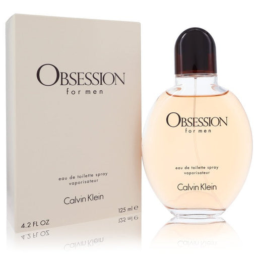 Calvin Klein Obsession Eau De Toilette Spray for men, 4 oz bottle, sleek design, fragrance bottle with Calvin Klein branding.