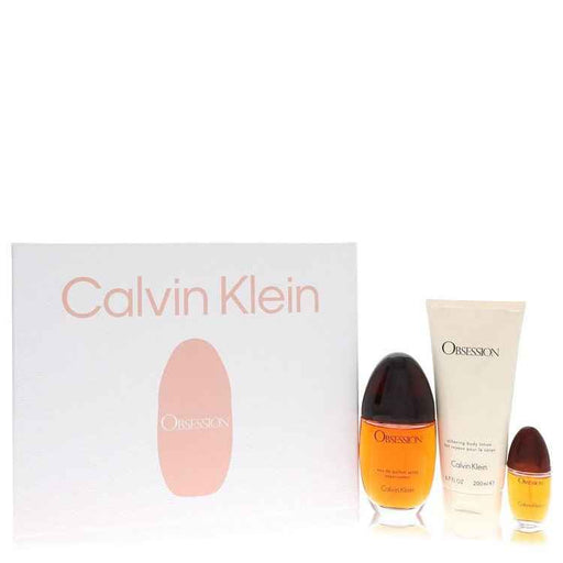 Calvin Klein Obsession gift set for women featuring perfume bottle and matching body lotion.