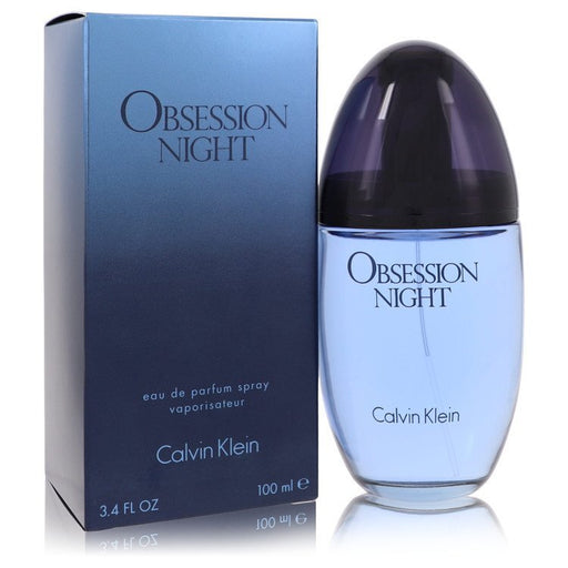Calvin Klein Obsession Night Eau De Parfum spray for women, 3.4 oz, featuring elegant packaging with a dark, sophisticated design