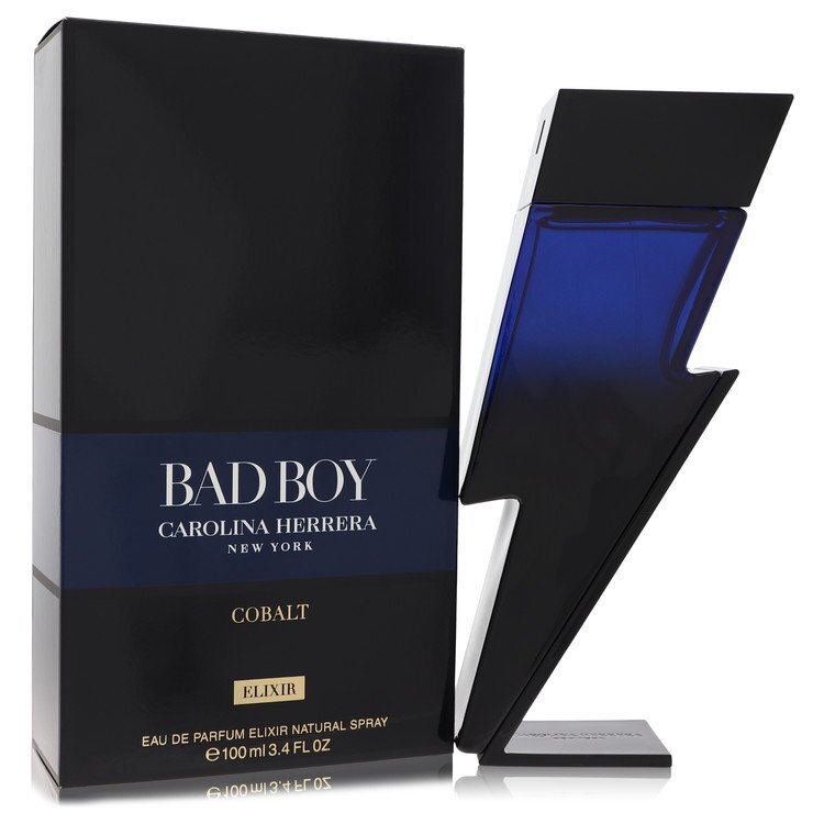 Bad Boy Cobalt Elixir by Carolina Herrera Eau de Parfum spray for men, 3.4 oz, sleek bottle with blue accents.
