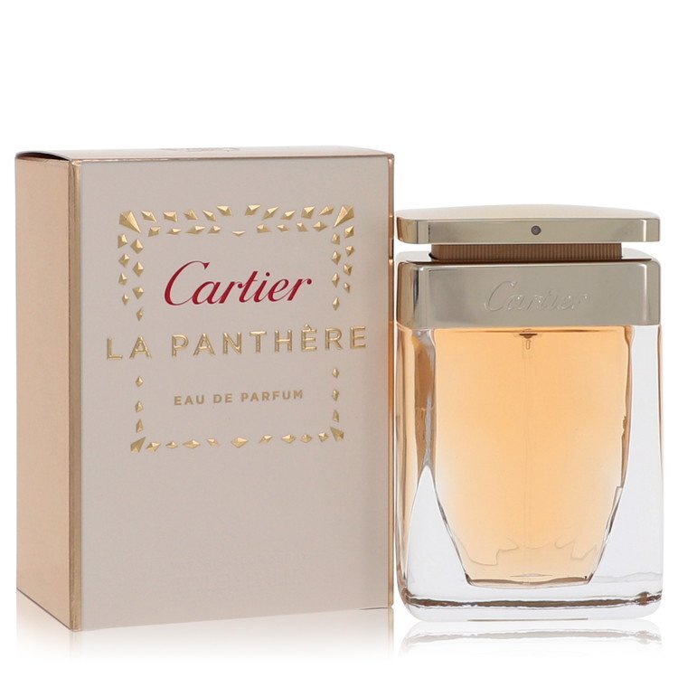 Cartier La Panthere Eau de Parfum spray for women, 1.7 oz bottle, elegant floral fragrance with a sleek design.