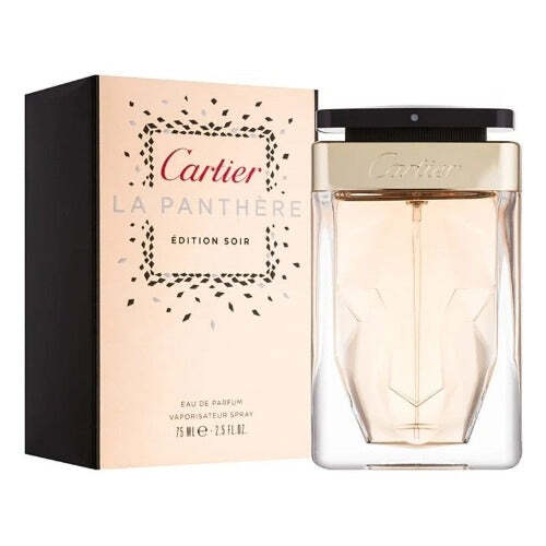 Cartier La Panthere Edition Soir women's perfume bottle, 2.5 oz, with elegant design and gold accents.