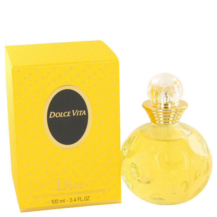 Christian Dior Dolce Vita Eau De Toilette Spray 3.4 oz bottle, elegant design with floral elements and golden accents.