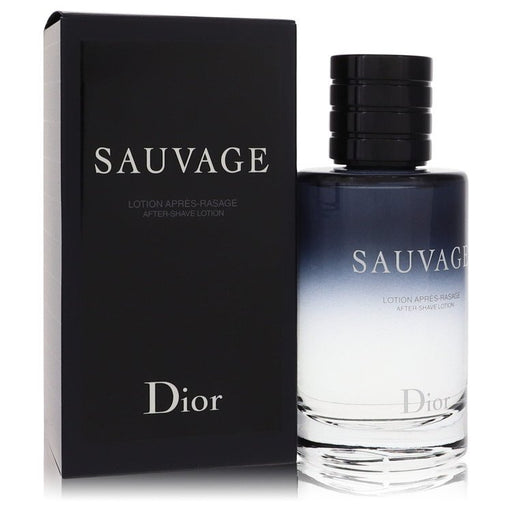 Christian Dior Sauvage after shave lotion 3.4 oz bottle with a sleek design and dark blue label against a neutral background.