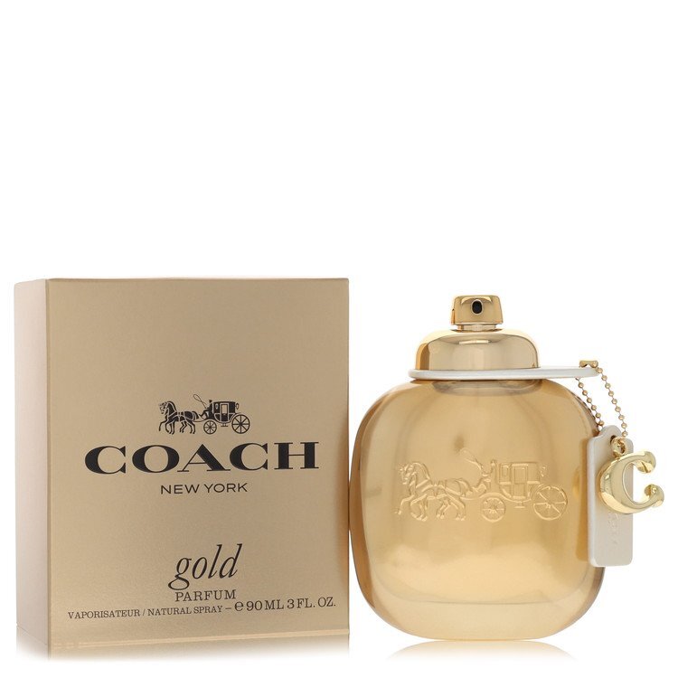 Coach Gold Eau de Parfum spray for women, 3 oz bottle, featuring a luxurious gold bottle design and elegant branding.