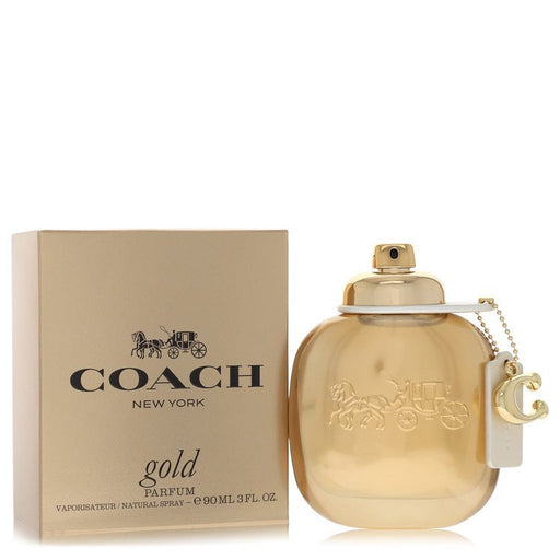 Coach Gold Eau de Parfum spray for women, 3 oz bottle, featuring a luxurious gold bottle design and elegant branding.