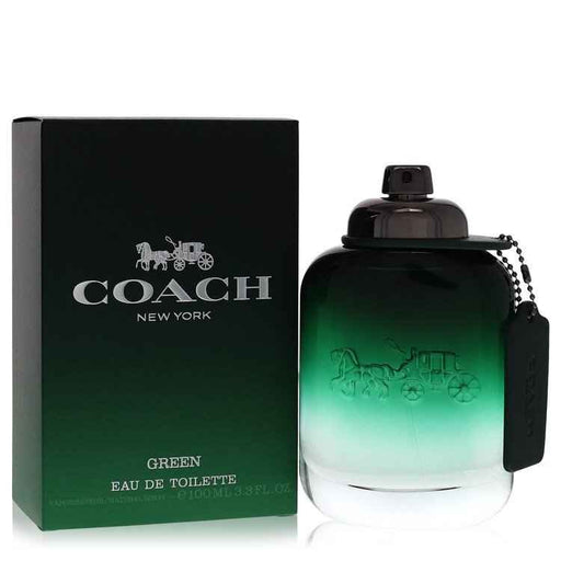 Green by Coach Eau De Toilette spray for men, 3.3 oz, featuring a sleek bottle with a green and silver design.