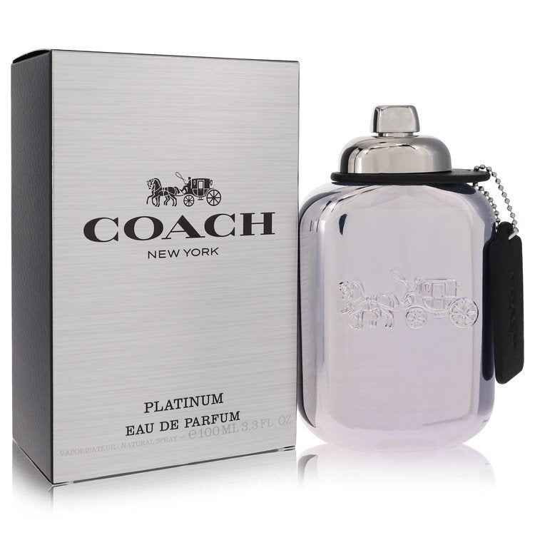 Coach Platinum Eau De Parfum Spray for Men, 3.3 oz, featuring sleek bottle design and elegant packaging.