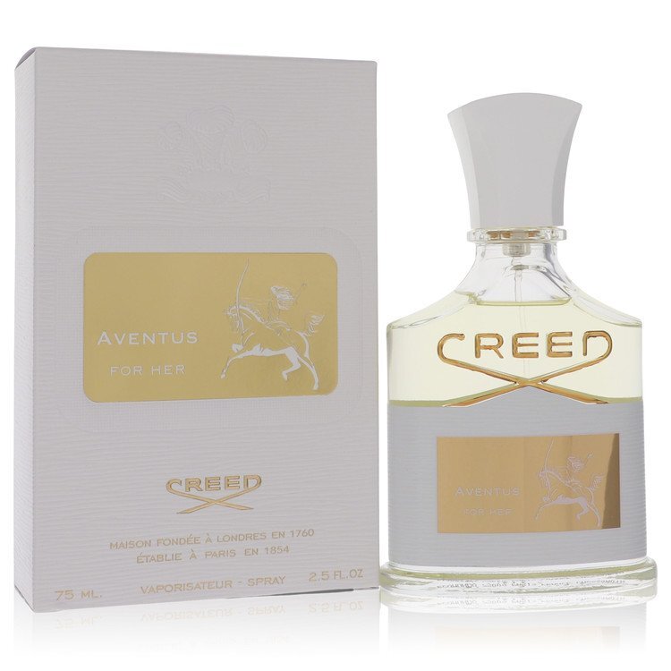 Aventus by Creed Eau De Parfum spray for women, 2.5 oz bottle, elegant glass container with a sleek design and silver cap.