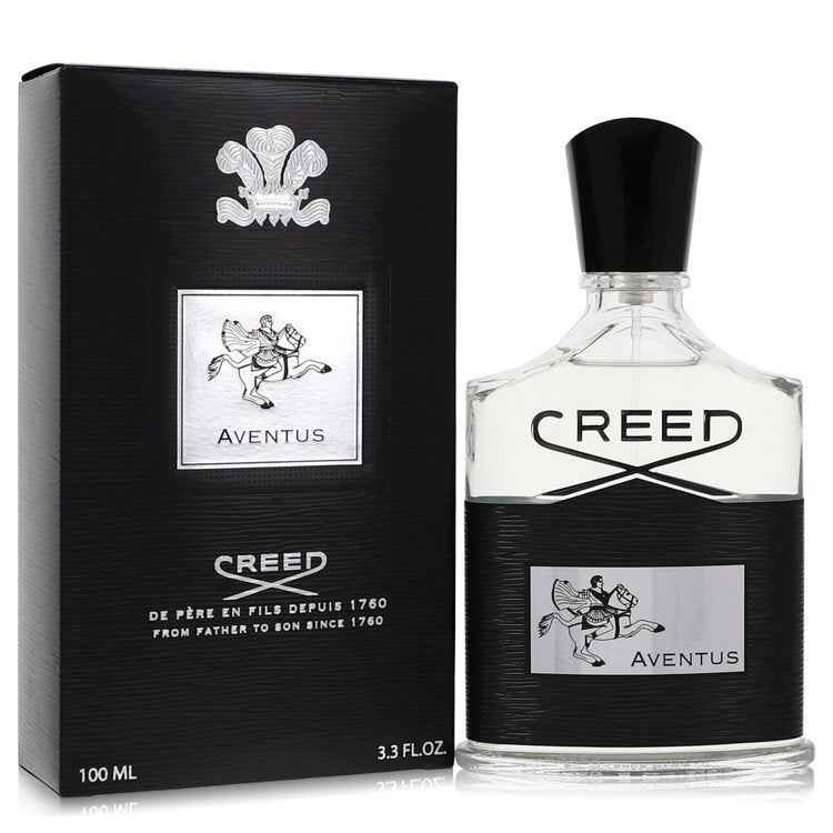 Aventus by Creed Eau De Parfum spray for men, 3.3 oz bottle, showcasing the elegant packaging and brand label.