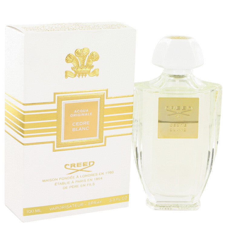 Creed Cedre Blanc Eau de Parfum spray for women, 3.3 oz, featuring elegant bottle design and white accents.