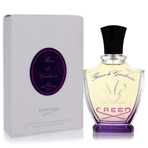 Creed Fleurs De Gardenia perfume spray for women, 2.5 oz bottle, elegant floral fragrance in a sleek glass bottle.