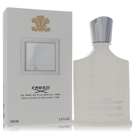 Silver Mountain Water by Creed Eau De Parfum spray for men, 3.3 oz bottle, featuring a sleek silver design.