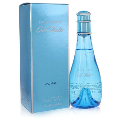 Davidoff Cool Water Eau De Toilette spray for women, 3.4 oz bottle with transparent cap and light blue liquid inside.