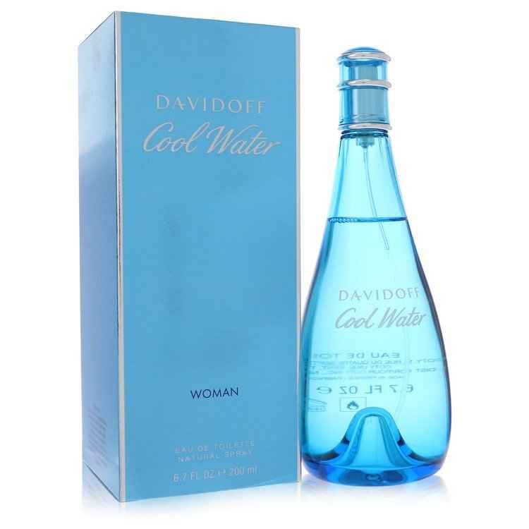 Davidoff Cool Water Eau De Toilette Spray for women, 6.7 oz bottle, featuring a clear glass bottle with a blue cap