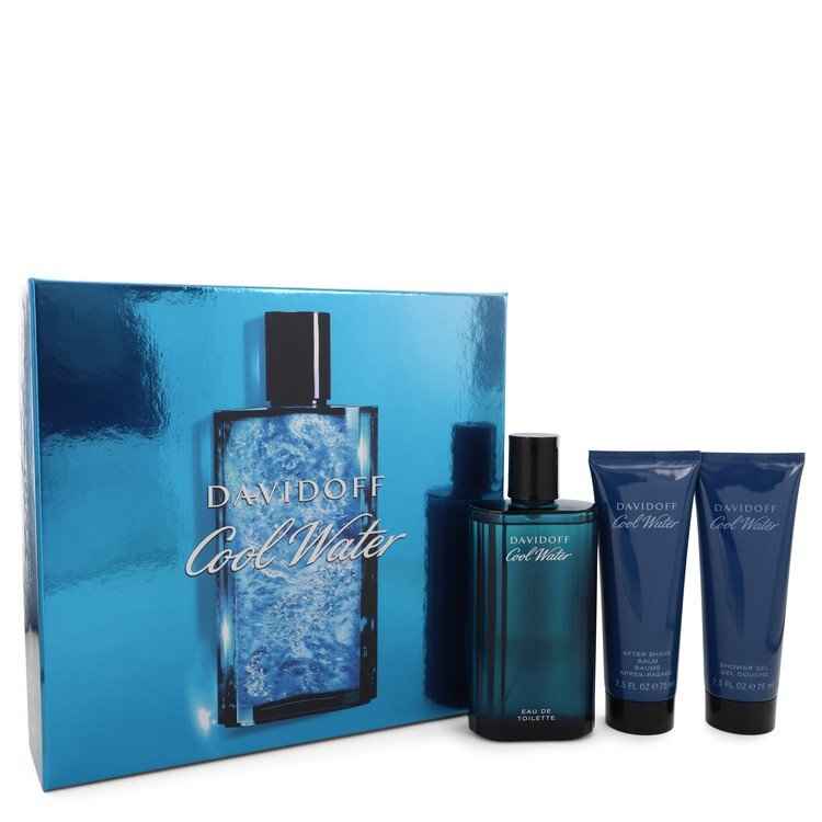 Davidoff Cool Water gift set for men featuring a bottle of cologne and matching grooming products.