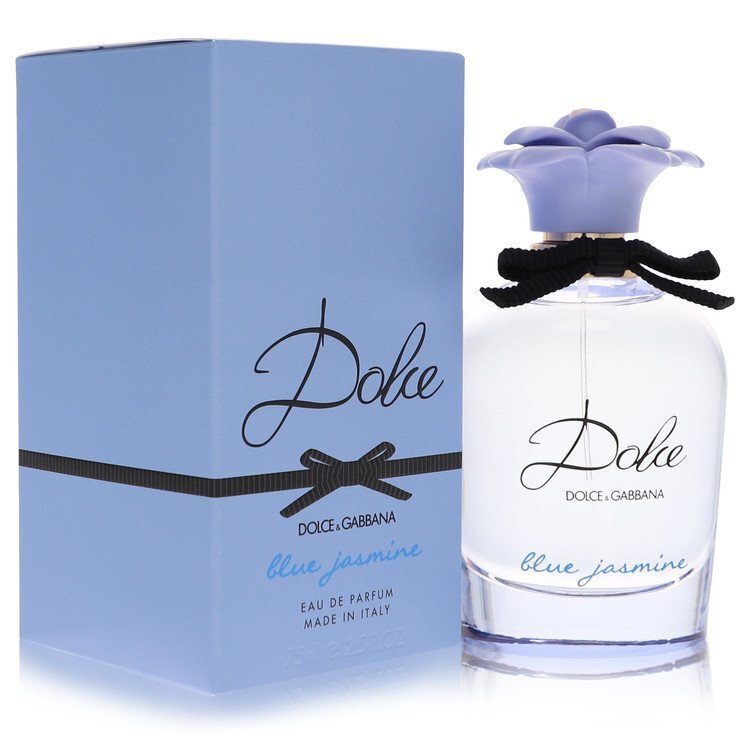 Dolce & Gabbana Dolce Blue Jasmine Eau de Parfum spray bottle for women, 2.5 oz, with blue floral design.