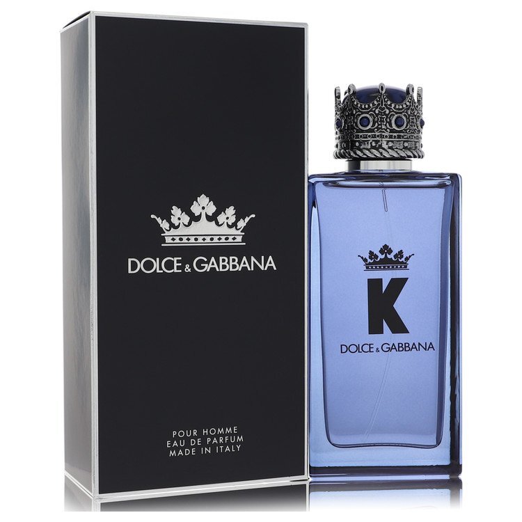 K by Dolce & Gabbana Eau De Parfum spray for men, 3.3 oz, featuring the sleek perfume bottle with a modern design.