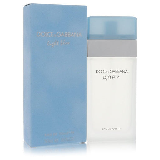 Light Blue by Dolce & Gabbana Eau De Toilette spray for women, 1.6 oz, featuring a light blue glass bottle with floral design.