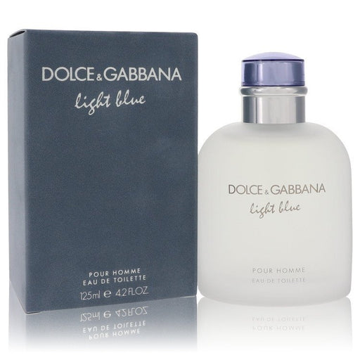 Light Blue by Dolce & Gabbana men’s Eau De Toilette spray, 4.2 oz bottle, featuring a sleek, light blue fragrance design.