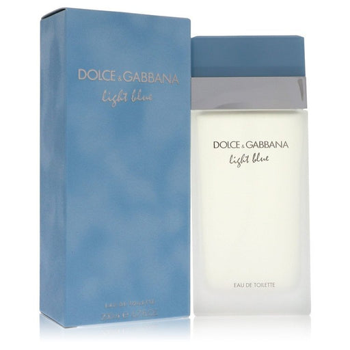 Light Blue by Dolce & Gabbana Eau de Toilette spray for women, 6.7 oz bottle with a blue and silver floral design.