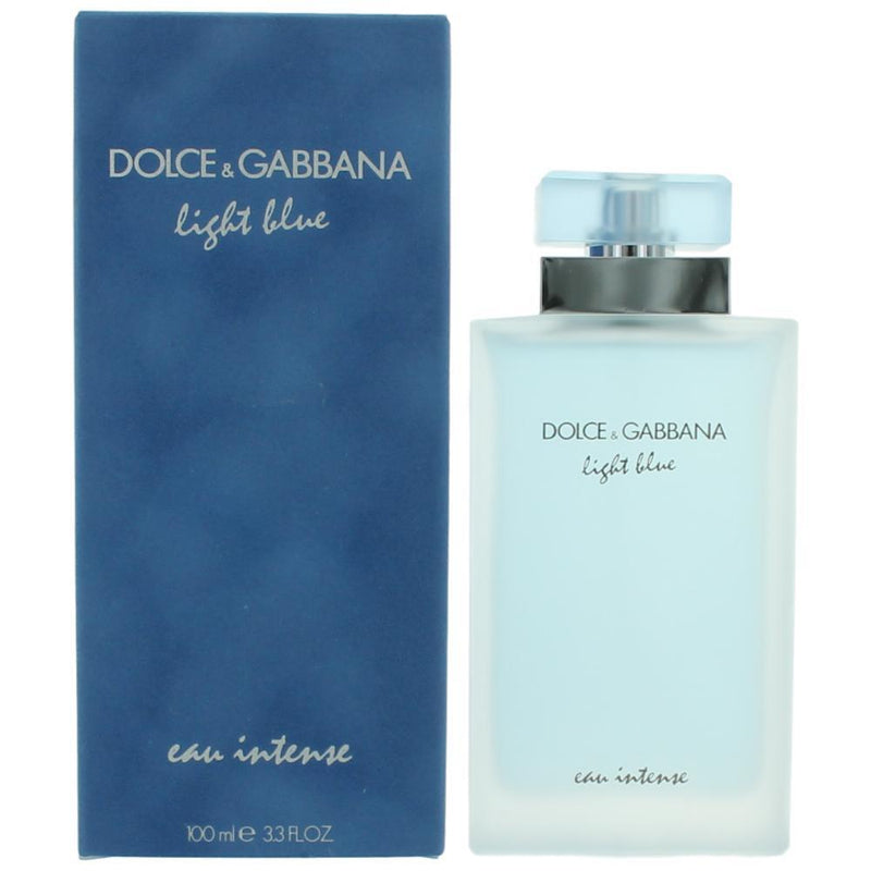 Light Blue Eau Intense by Dolce & Gabbana 3.3 oz Eau De Parfum spray for women, featuring a sleek bottle with a light blue fragrance.