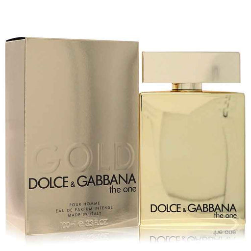 Dolce & Gabbana The One Gold Eau De Parfum Intense spray for men, 3.3 oz bottle, featuring sleek gold packaging.