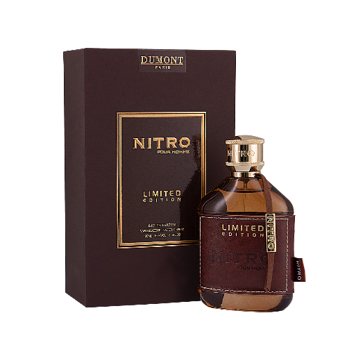 Dumont Nitro Pour Homme Limited Edition men's cologne bottle, 3.4 oz with sleek design and branding visible.