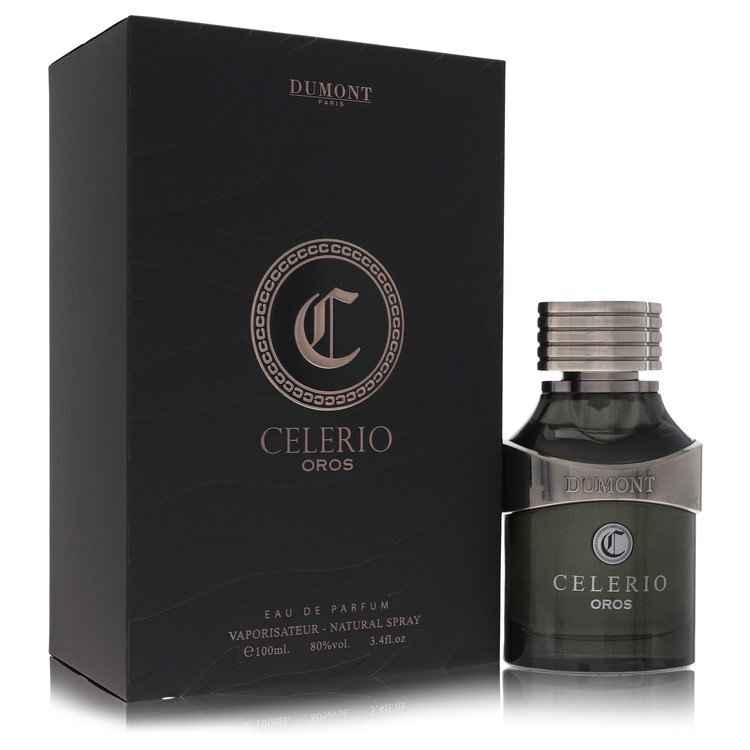 Dumont Paris Celerio Oros Eau De Parfum Spray for Men and Unisex, 3.4 oz bottle, with sleek glass design and elegant label.