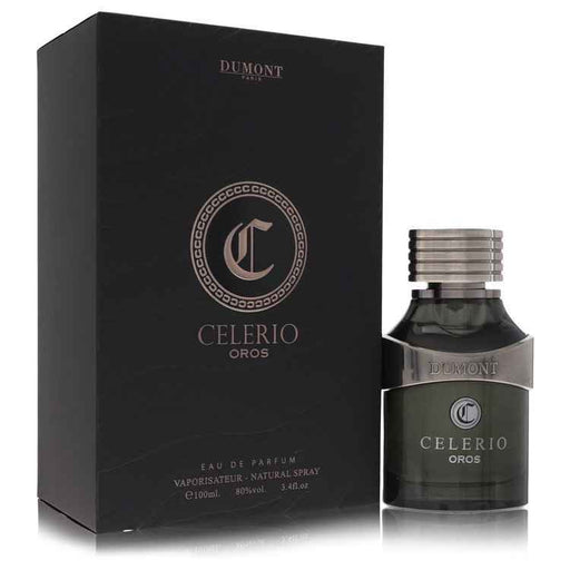 Dumont Paris Celerio Oros Eau De Parfum Spray for Men and Unisex, 3.4 oz bottle, with sleek glass design and elegant label.