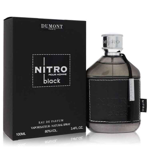 Dumont Paris Nitro Black Eau De Parfum spray for men, 3.4 oz bottle, sleek black design, elegant fragrance packaging