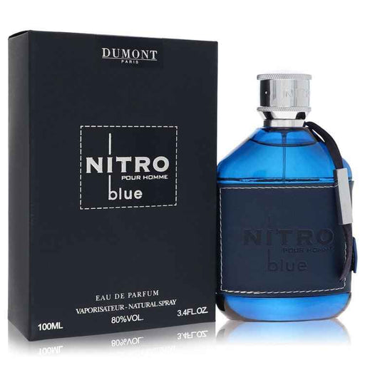 Dumont Paris Nitro Blue Eau De Parfum Spray for Men, 3.4 oz, featuring sleek blue bottle and modern design.