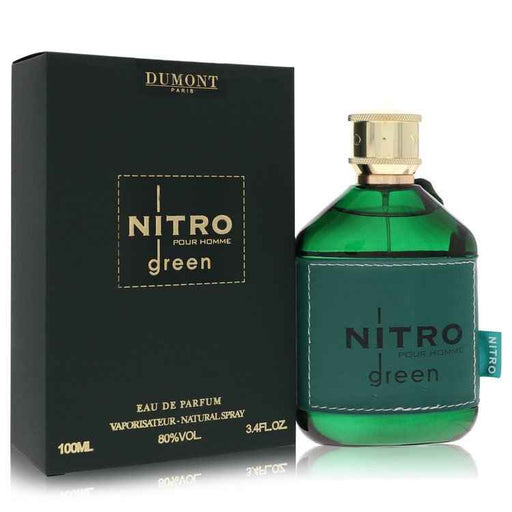 Dumont Paris Nitro Green Eau De Parfum Spray for Men, 3.4 oz, featuring sleek bottle design and vibrant green accents.