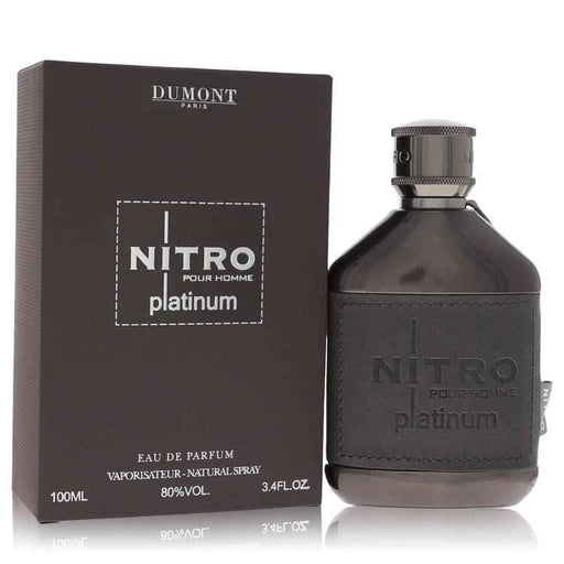 Dumont Paris Nitro Platinum Eau De Parfum Spray for men, 3.4 oz bottle, sleek design with silver accents and modern branding.