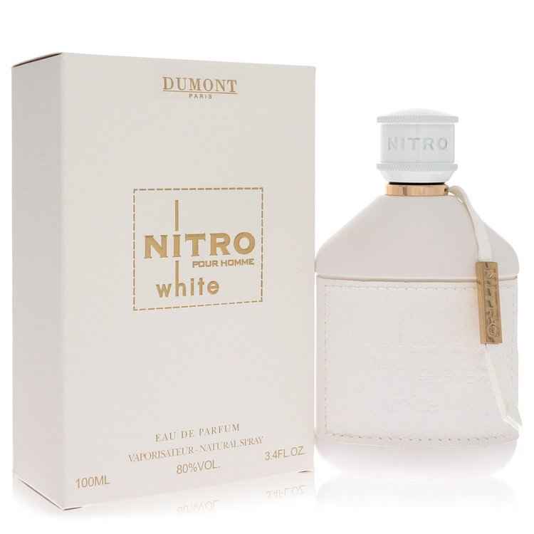 Dumont Paris Nitro White Eau De Parfum Spray for men, 3.4 oz, with sleek bottle design and white accents.