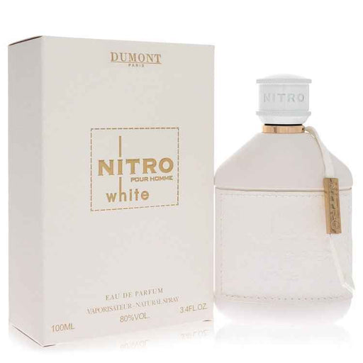 Dumont Paris Nitro White Eau De Parfum Spray for men, 3.4 oz, with sleek bottle design and white accents.