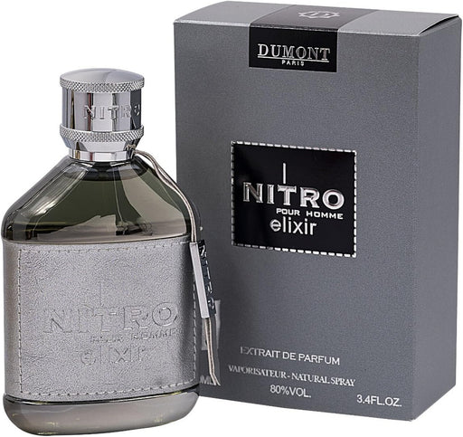 Dumont Paris Nitro Elixir men's extrait de parfum spray 3.4 oz bottle with sleek packaging and elegant design.