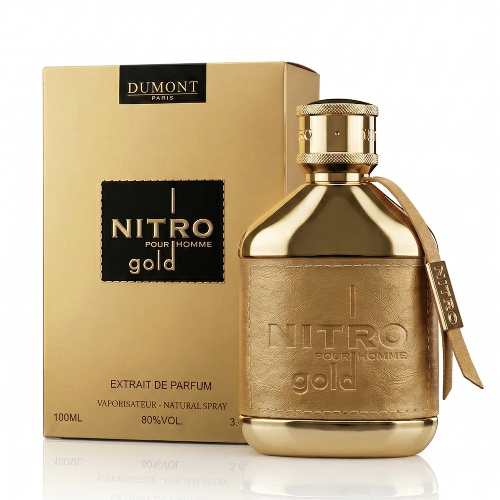 Dumont Paris Nitro Gold unisex fragrance spray, 3.4 oz, featuring elegant packaging and the sleek perfume bottle design.