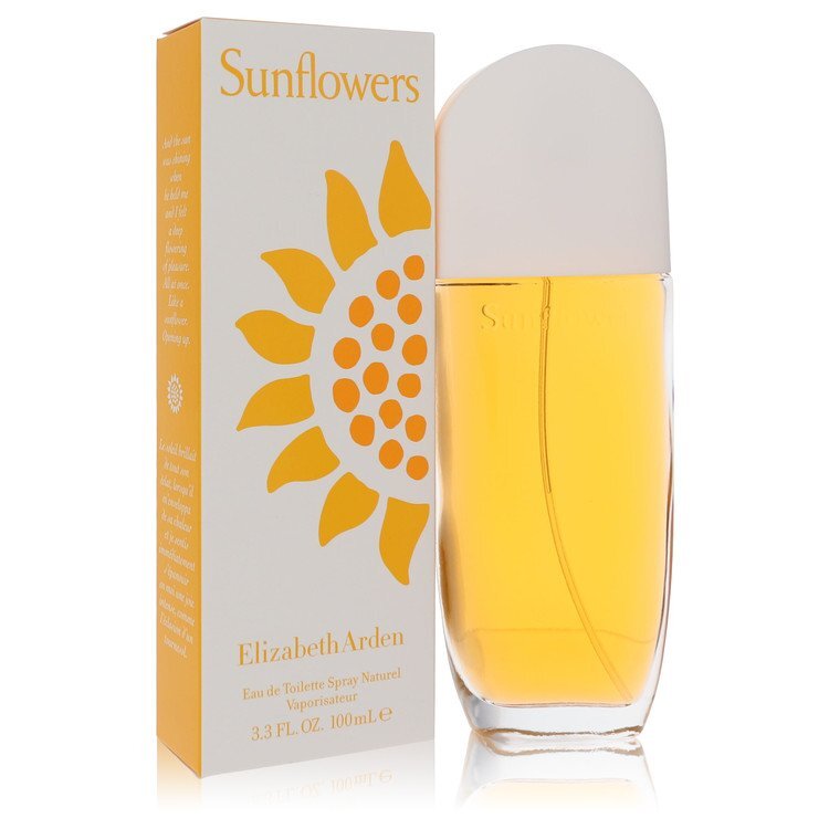 Sunflowers by Elizabeth Arden Eau De Toilette spray for women, 3.3 oz bottle with floral sunflower design.