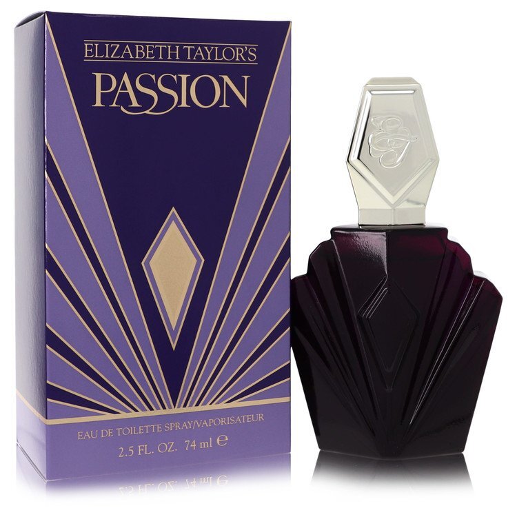 Elizabeth Taylor Passion Eau De Toilette spray for women, 2.5 oz bottle, featuring elegant floral and fruity fragrance notes.