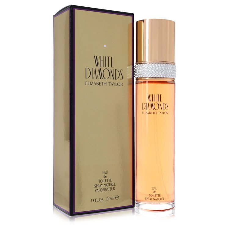 Elizabeth Taylor White Diamonds Eau De Toilette spray for women, 3.3 oz bottle with elegant white floral design.