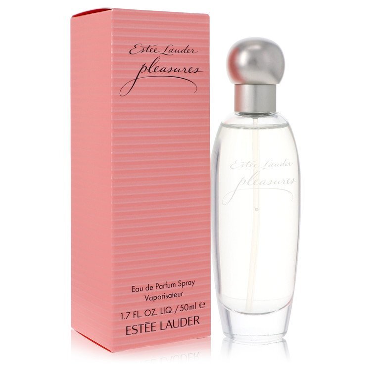 Estee Lauder Pleasures Eau De Parfum spray for women, 1.7 oz bottle with elegant packaging and floral fragrance design.
