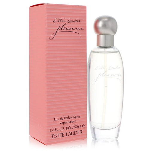 Estee Lauder Pleasures Eau De Parfum spray for women, 1.7 oz bottle with elegant packaging and floral fragrance design.