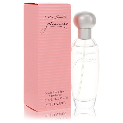 Estee Lauder Pleasures Eau De Parfum spray 1 oz for women, featuring a sleek bottle with elegant floral design.