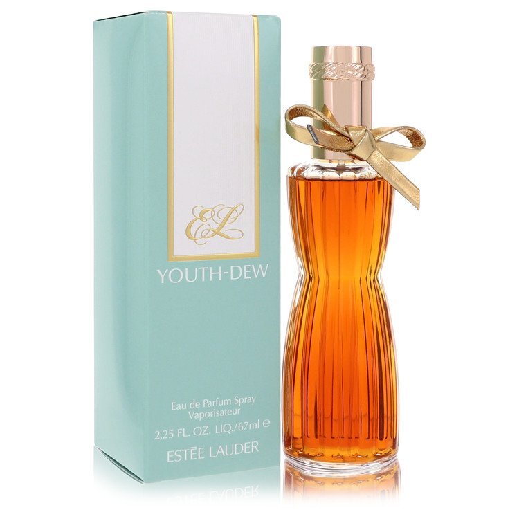 Bottle of Youth Dew by Estee Lauder Eau De Parfum spray for women, 2.25 oz, with elegant packaging and floral accents.