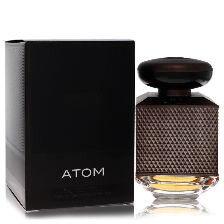 Atom Grey by Fragrance World men's Eau de Parfum spray, 3.4 oz, sleek bottle with a modern design.